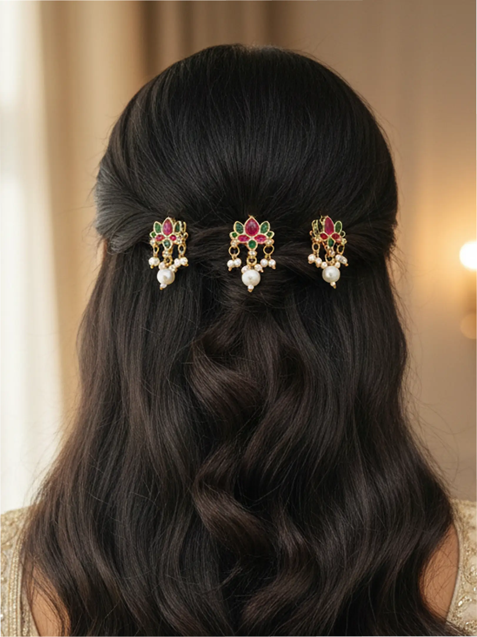 Kundan Pearl Lotus Hair Clip