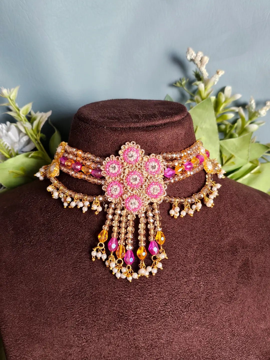 Floral Crystal Choker Necklace (1 Necklace, 2 Ring Bracelet, 1 Pair of Earrings, 1 Maang Tikka)