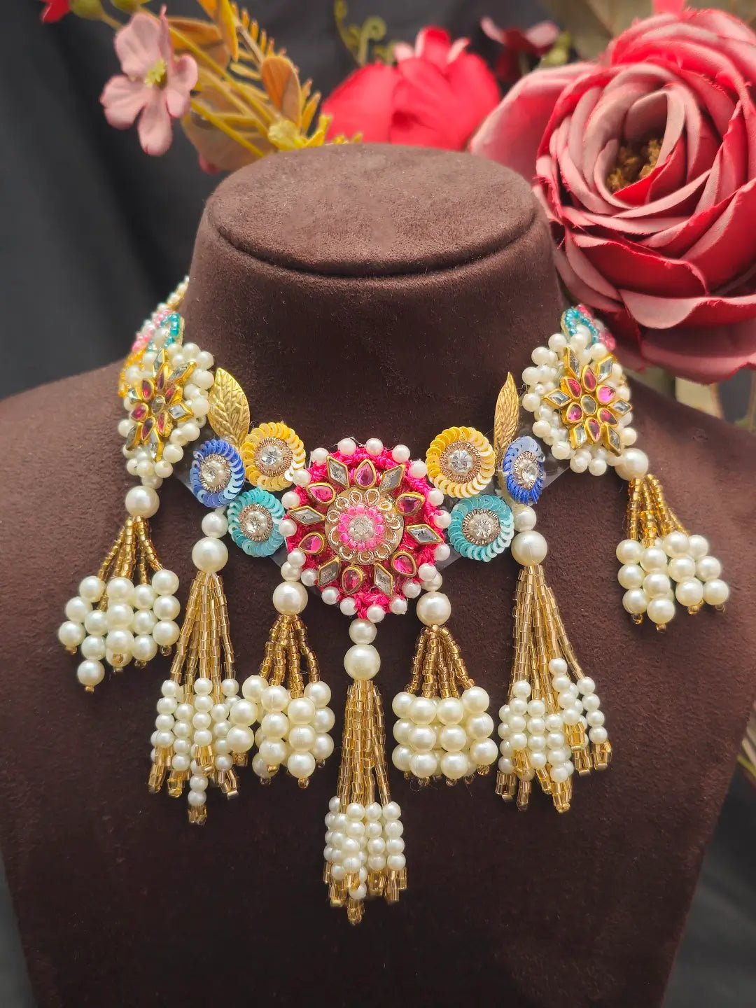 Multicolor Pearl Necklace (1 Necklace, 2 Ring Bracelet, 1 Pair of Earrings, 1 Maang Tikka)